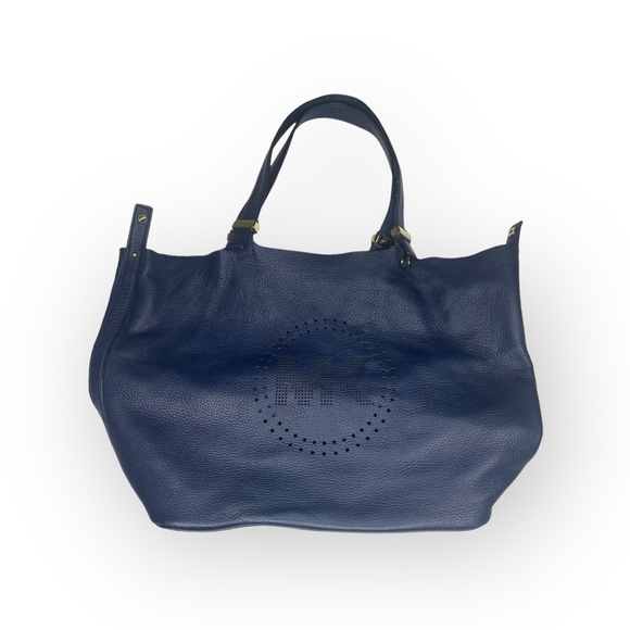 Michael Kors 𖦹 MK Perforated Logo Grab Bag Handbag 𖦹 Navy Pebbled Leather 𖦹 - Picture 13 of 17